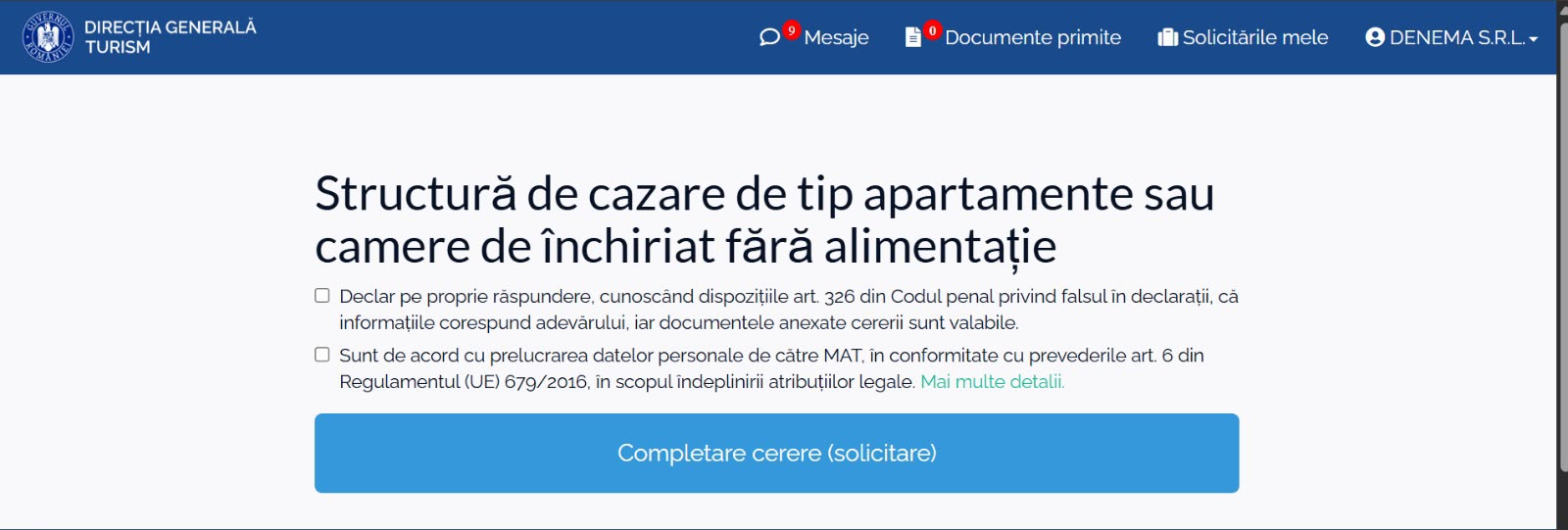 Completare cerere în SITUR